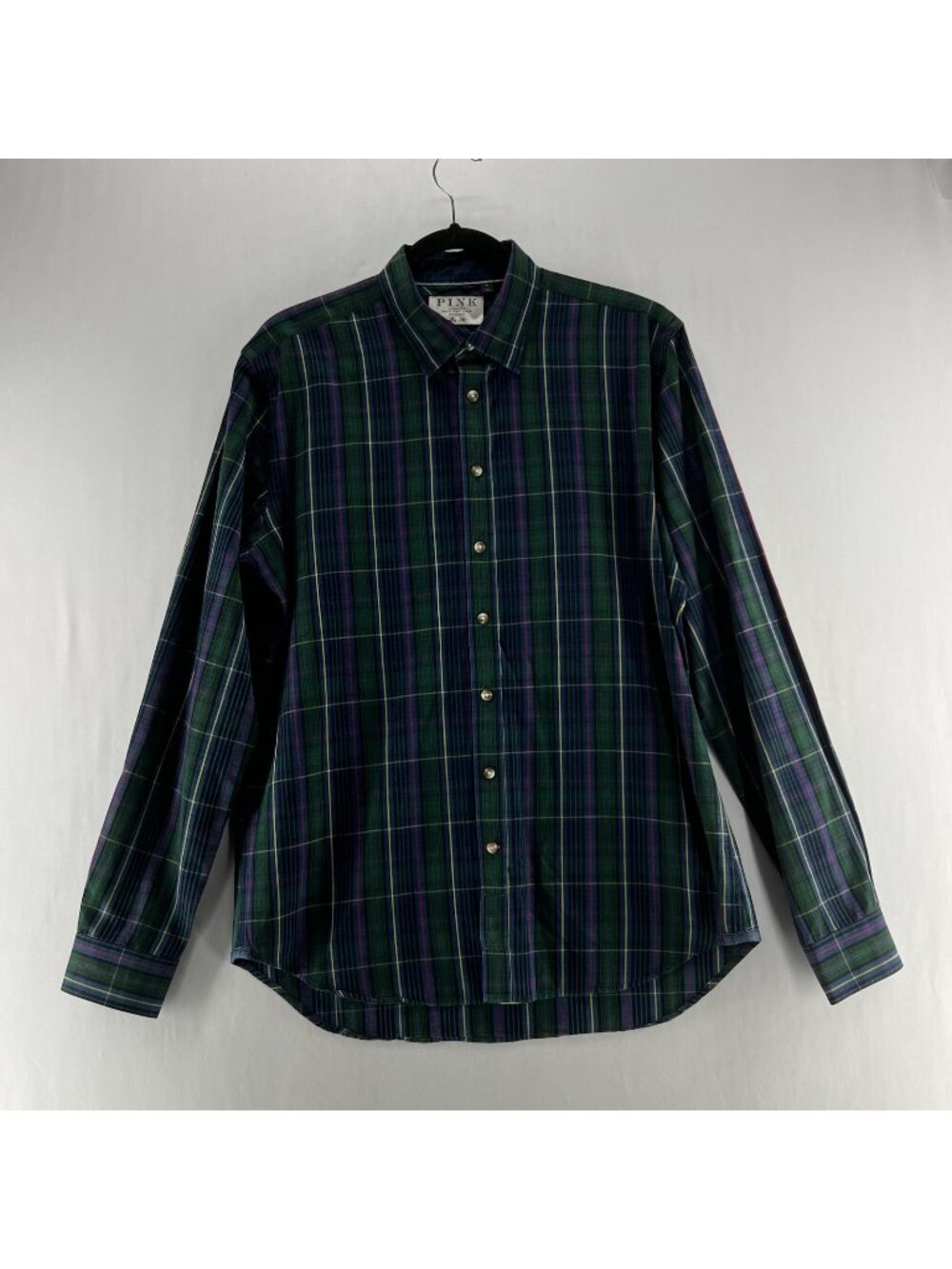 Thomas Pink Plaid Button Up Shirt Men L Slim Fit Long Sleeve Tartan Cotton Green